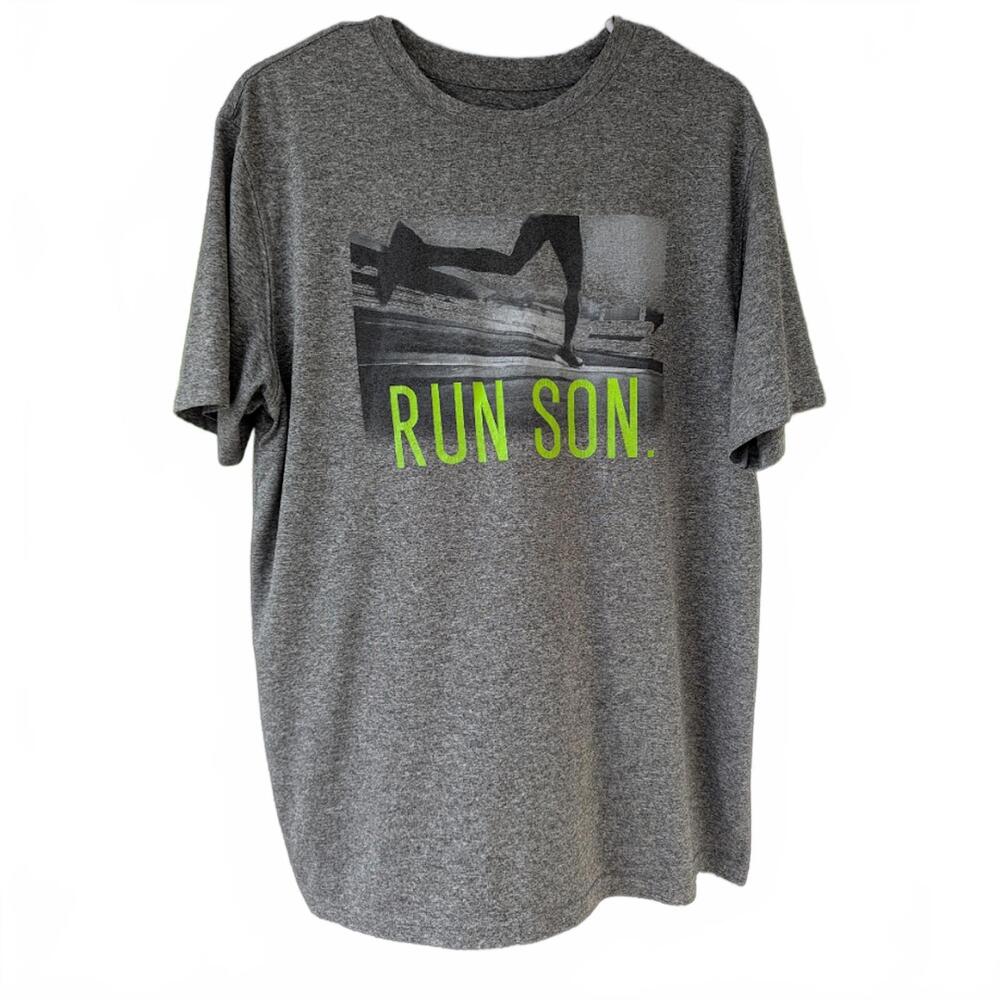 SB Tech Gray Running Shirt Men Large Neon Green Run Son Graphic Performance Tee